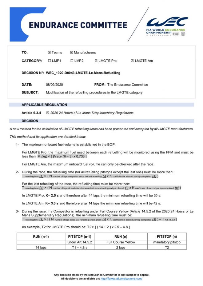 FIAエンデュランス・コミッティが発表したGTEクラスの新・給油時間計算式