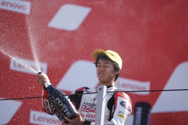 2位表彰台を獲得した小椋藍（Honda Team Asia）／2020MotoGP第7戦サンマリノGP