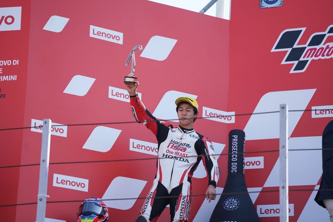 2位表彰台を獲得した小椋藍（Honda Team Asia）／2020MotoGP第7戦サンマリノGP