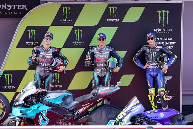 2020年MotoGP第9戦カタルーニャGP ポールポジション:フランコ・モルビデリ 、2番手:ファビオ・クアルタラロ、3番手:バレンティーノ・ロッシ