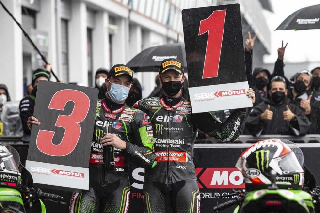 2020年SBK第7戦フランス　レース1で優勝したジョナサン・レイ、3位のアレックス・ロウズ
