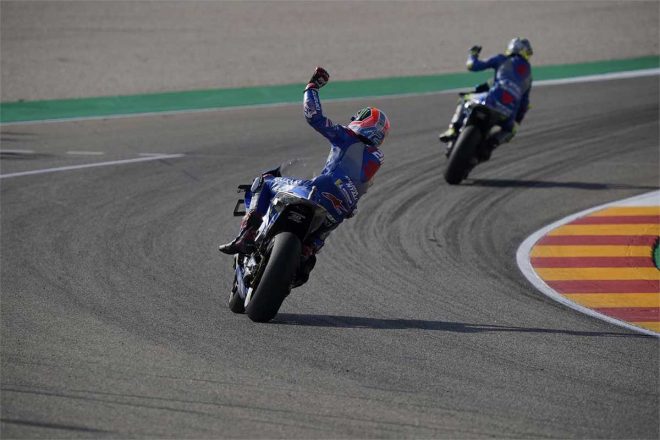 2020年MotoGP第11戦アラゴンGP　優勝したアレックス・リンスと3位のジョアン・ミル