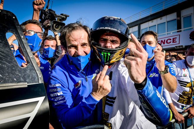 2020MotoGP：チャンピオンに輝いたジョアン・ミルとダビデ・ブリビオ（チーム・スズキ・エクスター）