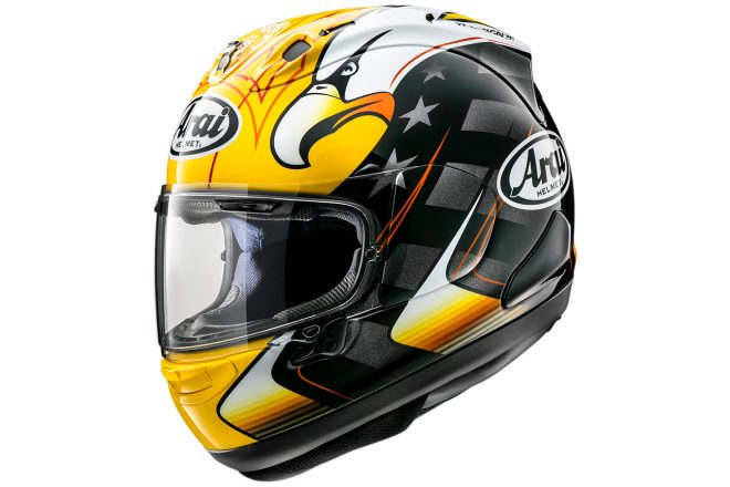 アライヘルメットが発売するケニー・ロバーツの最新レプリカヘルメット『RX-7X KRアメリカン・イーグル』