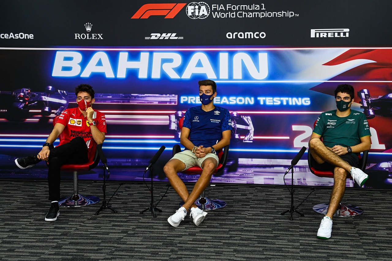 2021年F1プレシーズンテスト記者会見：シャルル・ルクレール（フェラーリ）、ジョージ・ラッセル（ウイリアムズ）、ランス・ストロール（アストンマーティン）
