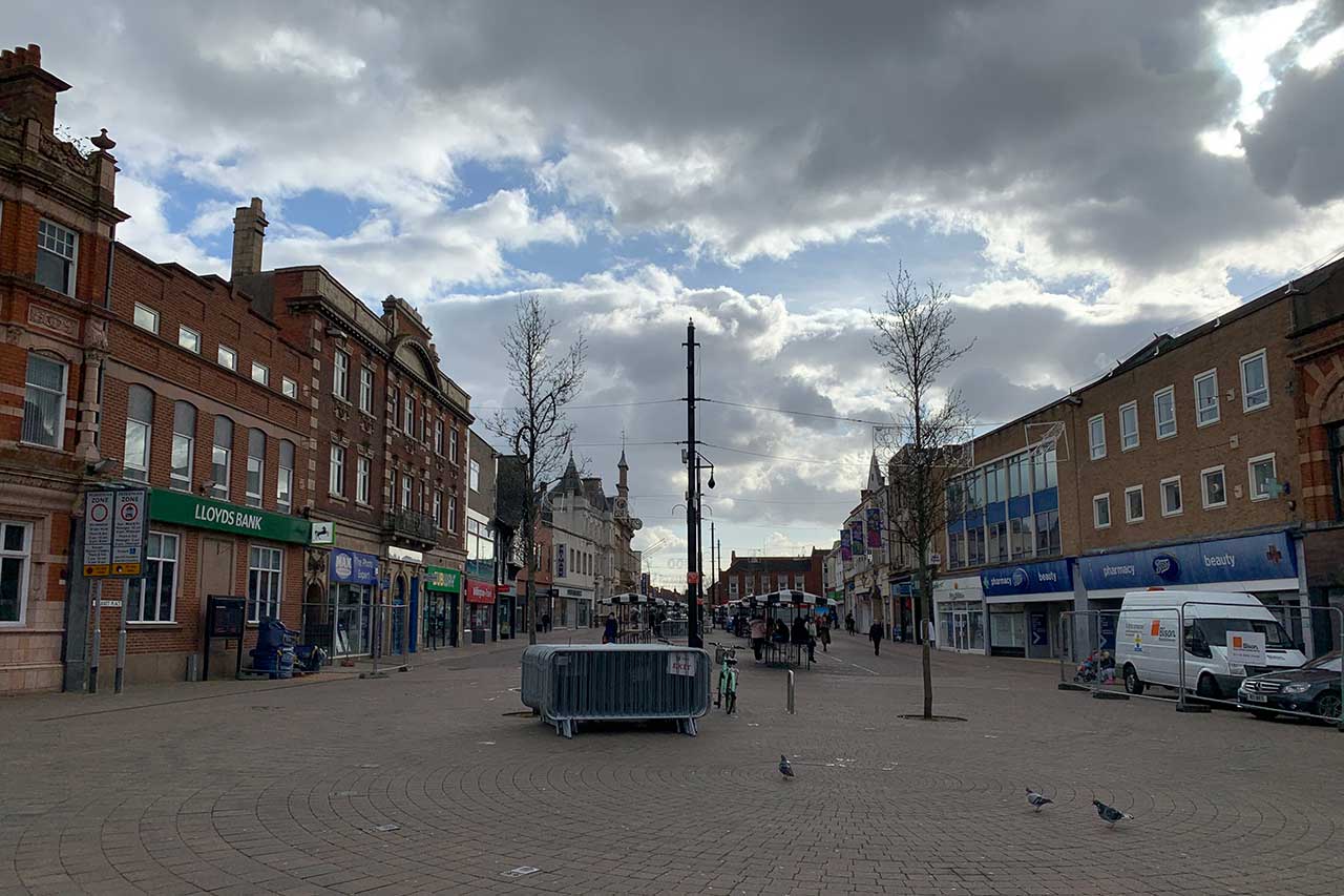 ラフバラの町の中心部。コロナ禍でなければもう少し賑わっていますが、現在は閑散としています