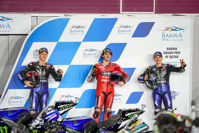 2021年MotoGP第1戦カタールGP予選　ポールポジションのフランセスコ・バニャイア、2番手ファビオ・クアルタラロ、3番手マーベリック・ビニャーレス