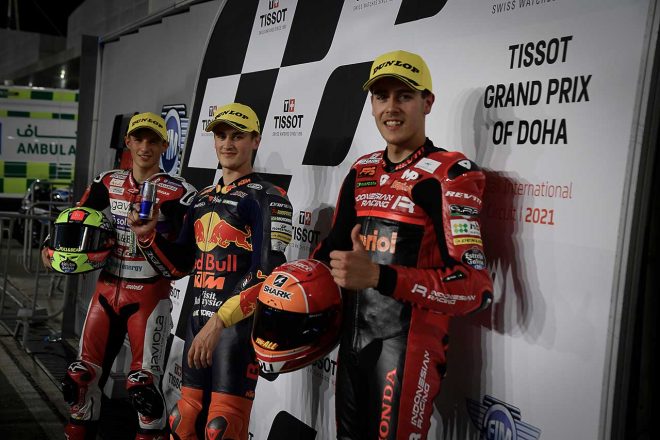 2021年MotoGP第2戦ドーハGP Moto3クラス予選：左からセルジオ・ガルシア、ジャウマ・マシア、ジェレミー・アルコバ