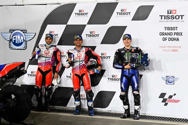 2021年MotoGP第2戦ドーハGP予選 左からヨハン・ザルコ 、ホルヘ・マルティン、マーベリック・ビニャーレス