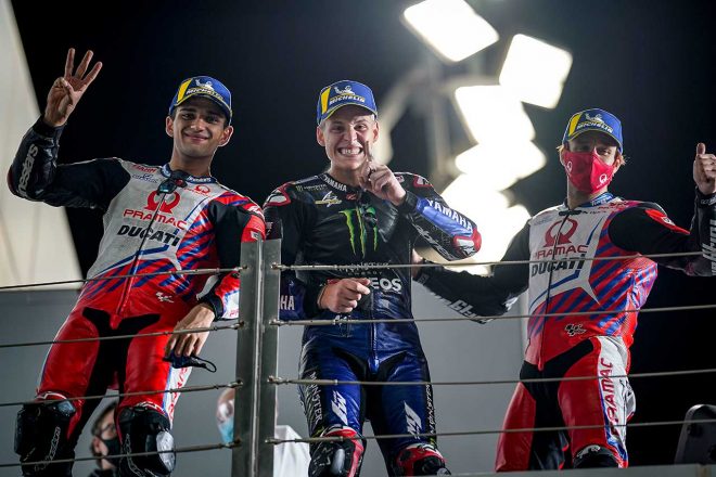 2021年MotoGP第2戦ドーハGP　優勝：ファビオ・クアルタラロ、2位：ヨハン・ザルコ、3位：ホルヘ・マルティン