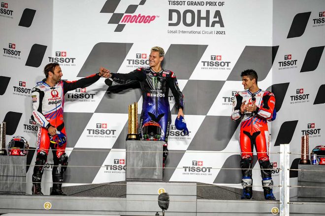 2021年MotoGP第2戦ドーハGP　優勝：ファビオ・クアルタラロ、2位：ヨハン・ザルコ、3位：ホルヘ・マルティン