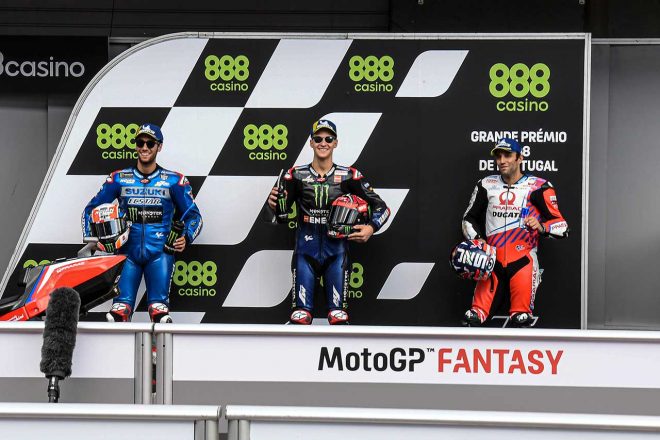 2021年MotoGP第3戦ポルトガルGP予選　ポールポジション：ファビオ・クアルタラロ、2番手：アレックス・リンス、3番手ヨハン・ザルコ