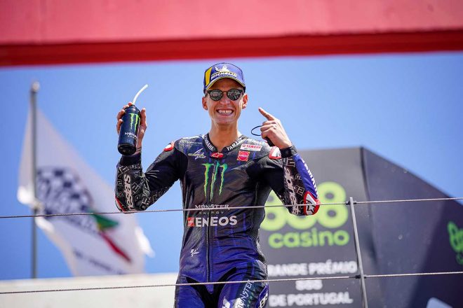 2021年MotoGP第3戦ポルトガルGP決勝　優勝：ファビオ・クアルタラロ、2位：フランセスコ・バニャイア、3位：ジョアン・ミル