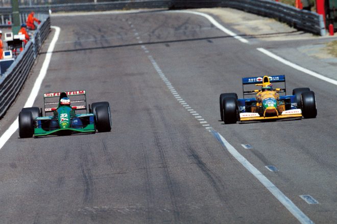 ミハエル・シューマッハー（左）とロベルト・モレノ（右）　1991年F1第11戦ベルギーGP