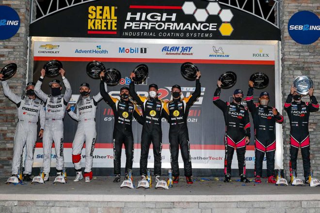 2021年第2戦セブリング12時間では、キャデラック、マツダ、アキュラが表彰台を分け合った。