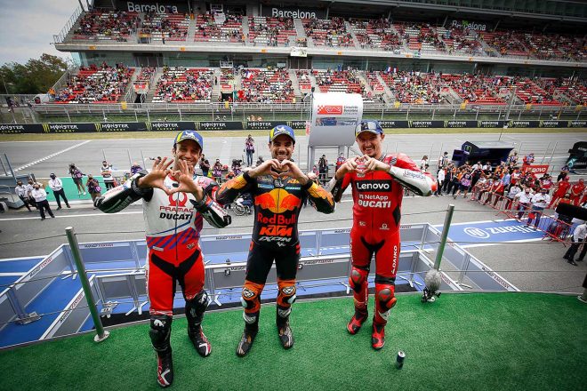 2021年MotoGP第7戦カタルーニャGP　優勝：ミゲール・オリベイラ、2位：ヨハン・ザルコ、3位：ジャック・ミラー