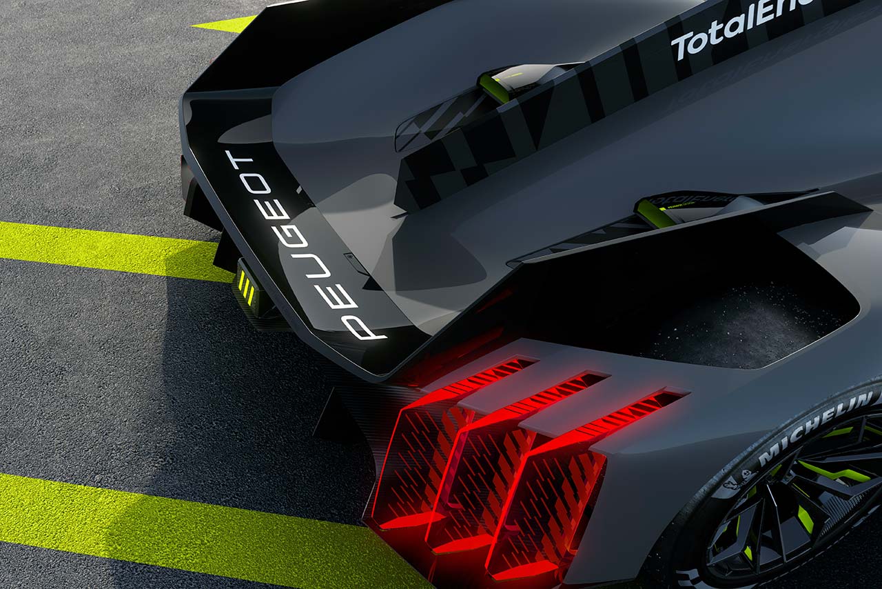 2021年7月6日に発表されたプジョーLMH『9X8ハイパーカー』。リヤウイングを省いた革新的デザインとなっている