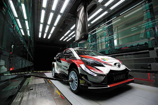 当然、空力開発のための風洞試験も行なわれる（写真は風洞テスト中のヤリスWRC）