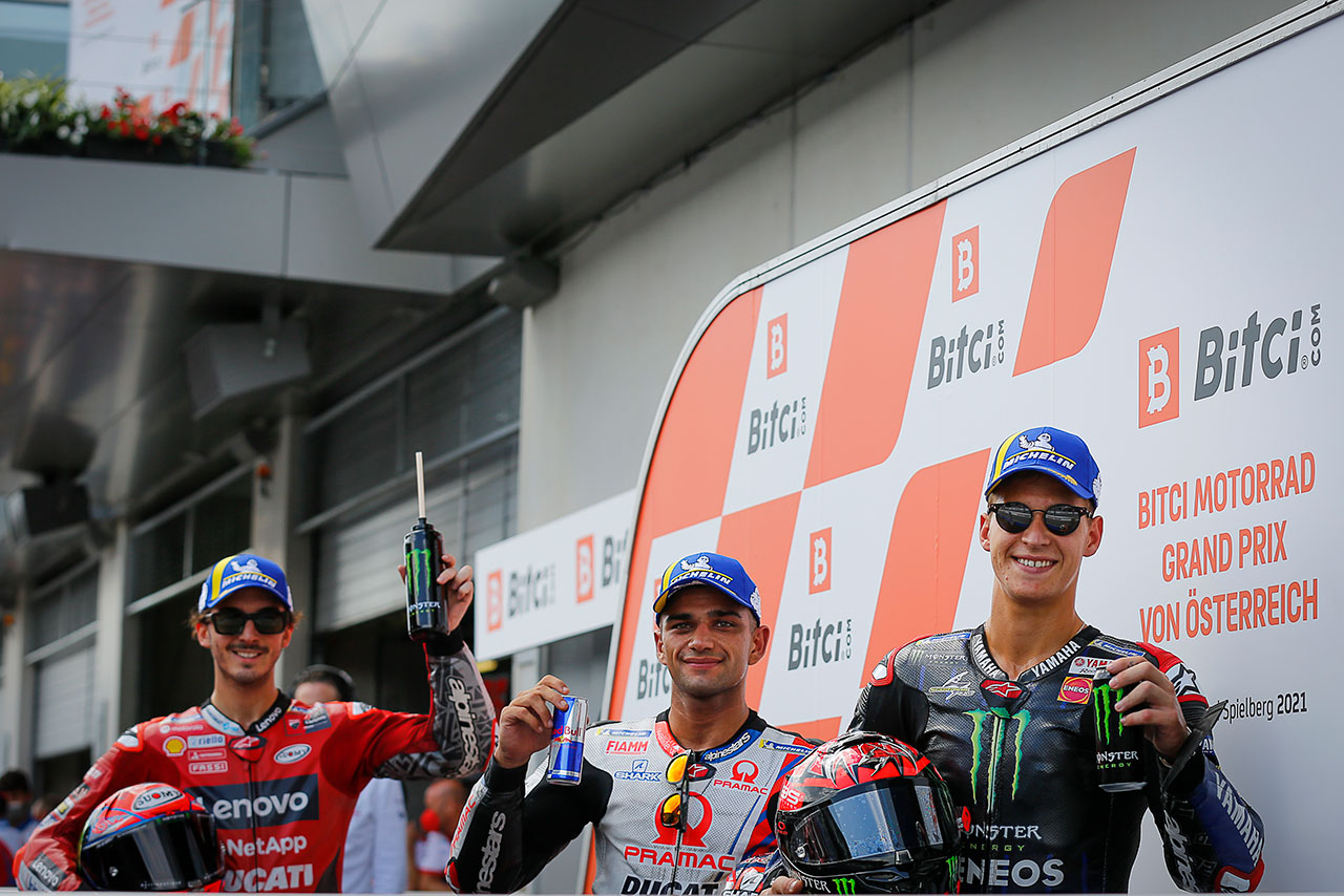 第11戦オーストリアGPでフロントロウを獲得したマルティン、クアルタラロ、バニャイア