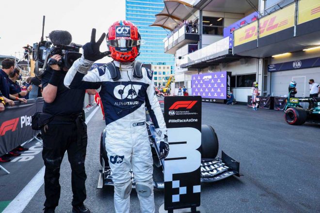 2021年F1第6戦アゼルバイジャンGPで3位表彰台を獲得したピエール・ガスリー（アルファタウリ・ホンダ）