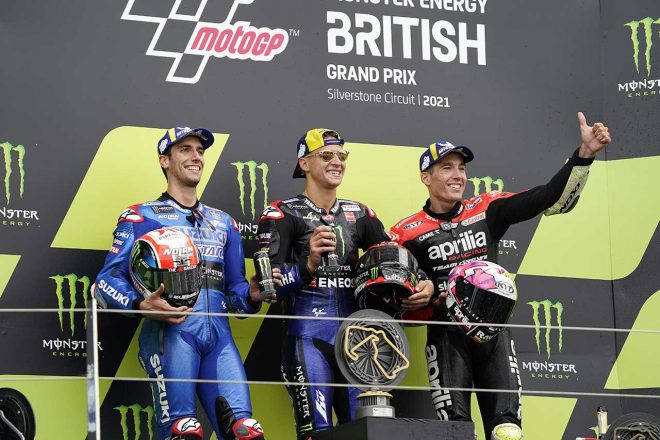 2021年MotoGP第12戦イギリスGP　優勝：ファビオ・クアルタラロ、2位：アレックス・リンス、3位：アレイシ・エスパルガロ