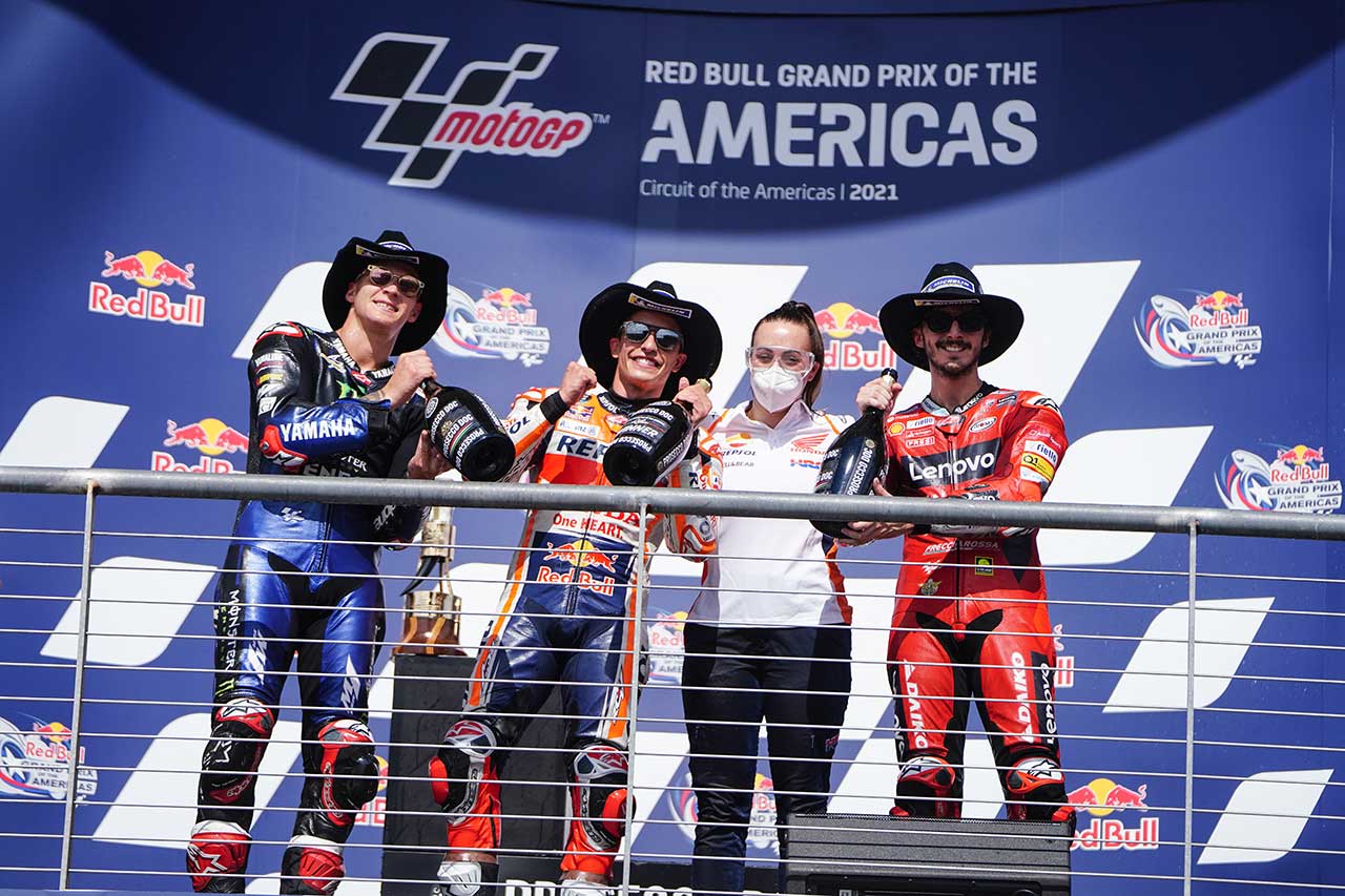 2021年MotoGP第15戦アメリカズGP決勝　優勝：マルク・マルケス、2位：ファビオ・クアルタラロ、3位：フランセスコ・バニャイア
