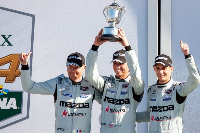 マツダ時代のトリスタン・ヌネス。2020年のデイトナ24時間レースで77号車マツダRT24-Pをドライブし総合3位表彰台を獲得した