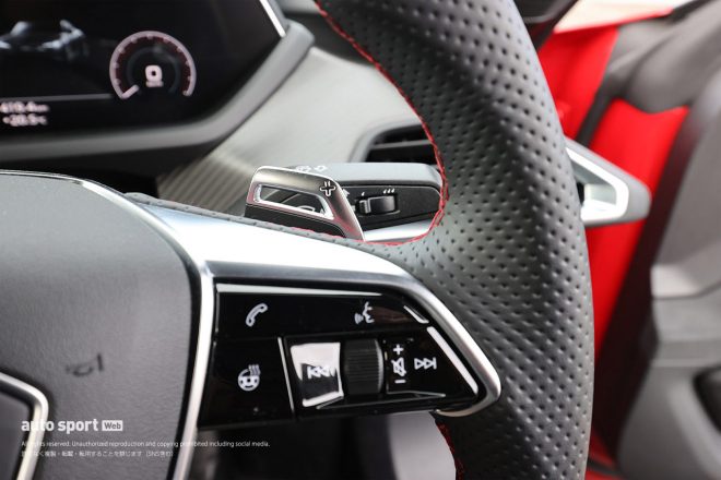 ステリングには回生ブレーキのレベルをコントロールできるパドルスイッチが備わる。