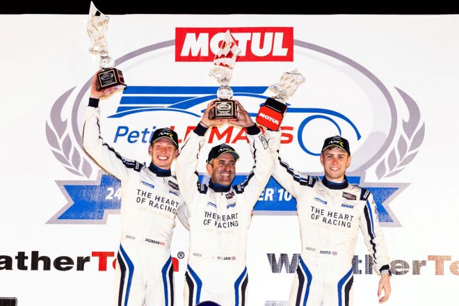 2021年のプチ・ル・マンでGTDクラス優勝を飾った（左から）ロマン・デ・アンジェリス、イアン・ジェームス、ロス・ガン（ハート・オブ・レーシングチーム）