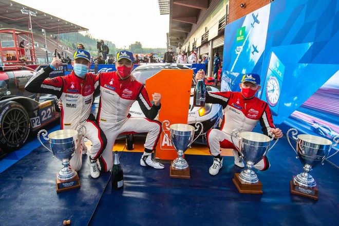 2020年のWECスパ戦、LMGTEアマでのクラス優勝を喜ぶコラール（右）。この2019／20シーズン、AFコルセでLMGTEアマのタイトルを獲得