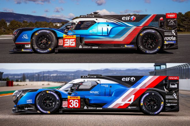 アルピーヌA480・ギブソンのカラーリング。上段が2022年、下段が2021年仕様