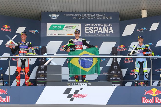 MotoE：1位エリック・グラナド（LCR E-Team）、2位ドミニク・エガーター（Dynavolt Intact GP MotoE）、3位マッテオ・フェラーリ（Felo Gresini MotoE）／2022MotoE第1戦スペイン大会