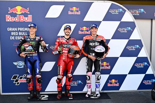 フランセスコ・バニャイア（ドゥカティ・レノボ・チーム）、ファビオ・クアルタラロ（モンスターエナジー・ヤマハMotoGP）、アレイシ・エスパルガロ（アプリリア・レーシング）／2022MotoGP第6戦スペインGP
