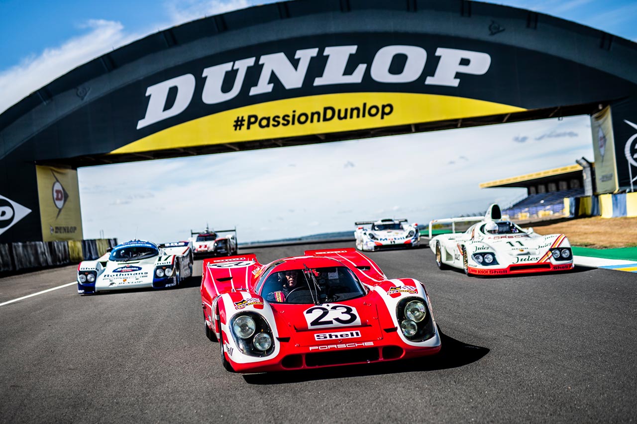 ル・マンの歴史を彩ったポルシェの名車たち。前から917K、936/81、962C、911 GT1、919ハイブリッド