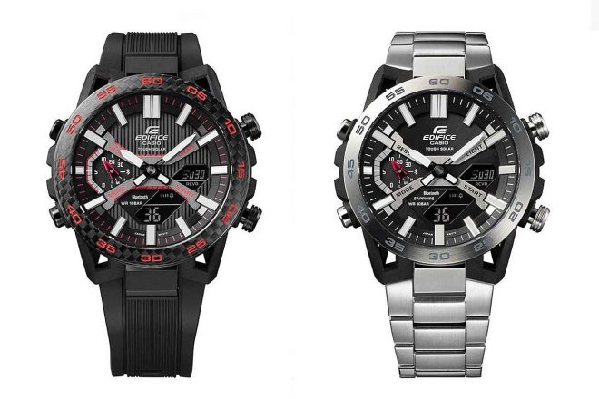 8月12日より販売開始となるCASIO EDIFICEのSOSPENSIONEシリーズの左が『ECB-2000YPB-1AJF』、右が『ECB-2000YD-1AJF』