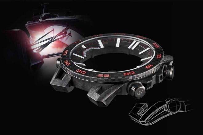 フォーミュラカーのアッパーアームとロアアームをモチーフにしたラグを備えるカーボンファイバー強化樹脂ケース