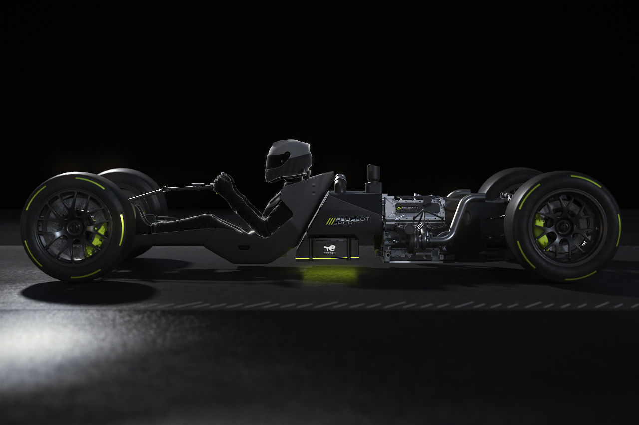 プジョー9X8の側面透過図。MGUはフロント、エンジンはリヤミッド、バッテリーはドライバーの後方にあるガソリンタンクの下に配置されている