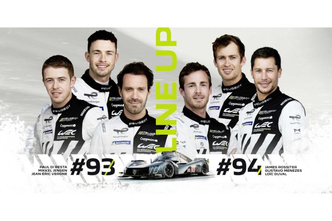 プジョー・ワークスドライバーとして2台の9X8をドライブする面々。左から93号車のポール・ディ・レスタ、ミケル・イェンセン、ジャン-エリック・ベルニュ、94号車のジェームス・ロシター、グスタボ・メネゼス、ロイック・デュバル