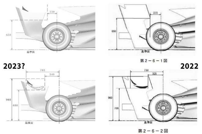 2023年JAF国内競技車両規則のなかに記されたスーパーフォーミュラ車両規定の図面比較