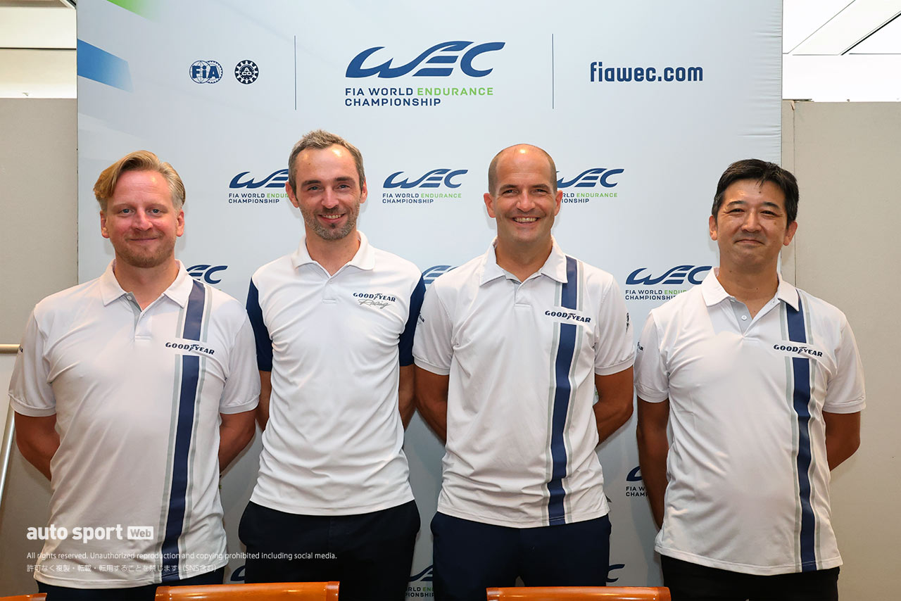 WEC富士戦で取材に応じていただいた、（左から）マイク・マクレガー氏、トニー・ウォード氏、マティアス・キップ氏と、日本グッドイヤーの高木祐一郎マーケティング部長