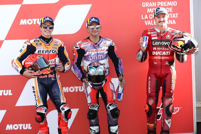 ポールを獲得したホルヘ・マルティン、マルク・マルケス、ジャック・ミラー／2022MotoGP第20戦バレンシアGP