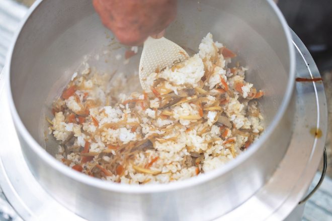 豊田市旭地区の特産品である“幻のお米”ミネアサヒが朝食と昼食として振る舞われた