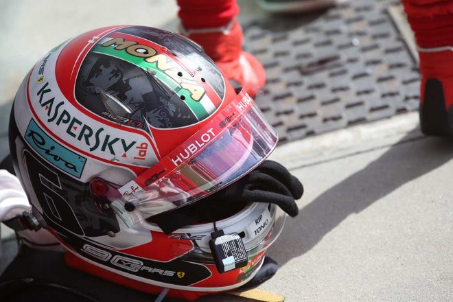 2019年F1第14戦イタリアGPのシャルル・ルクレールのヘルメット。カスペルスキーのロゴが見える
