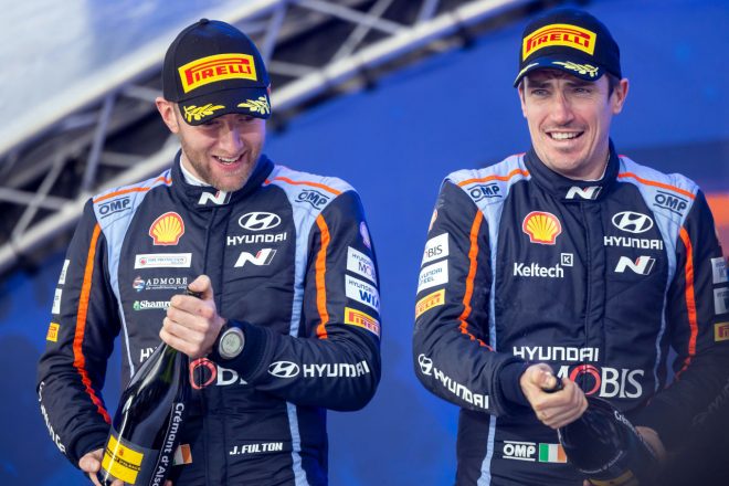 今季初参戦で2位となってクレイグ・ブリーンとWRC初表彰台を獲得したジェームス・フルトン（ヒョンデi20 Nラリー1）　2023年WRC第2戦ラリー・スウェーデン