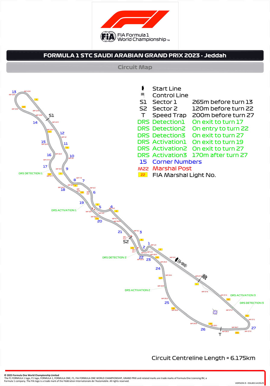 2023年F1第2戦サウジアラビアGP　ジェッダ・コーニッシュ・サーキットのコース図