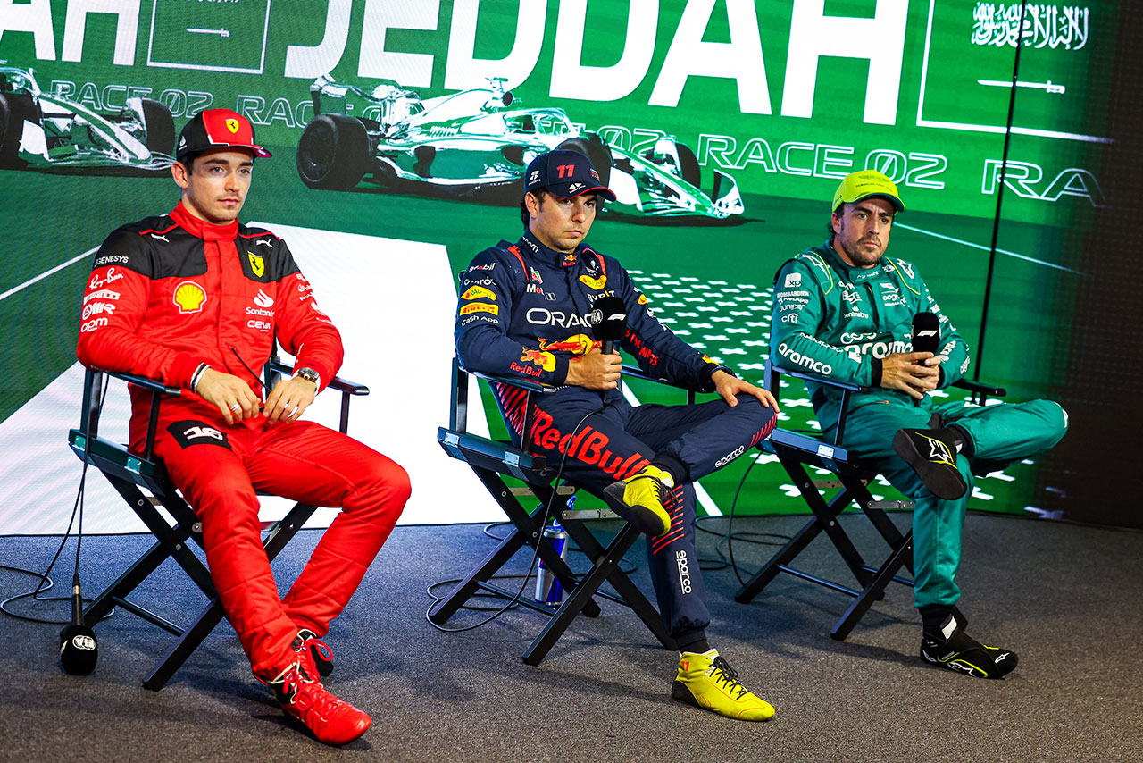 シャルル・ルクレール（フェラーリ）、セルジオ・ペレス（レッドブル）、フェルナンド・アロンソ（アストンマーティン）