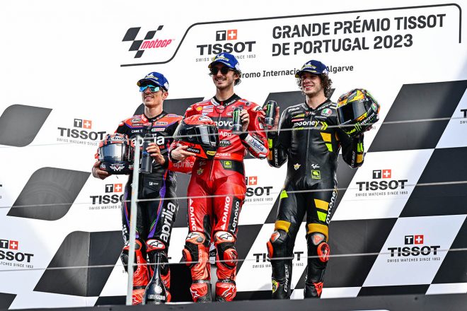 表彰台を獲得したフランセスコ・バニャイア、マーベリック・ビニャーレス、マルコ・ベゼッチ／2023MotoGP第1戦ポルトガルGP