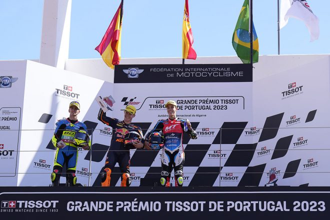 Moto3：表彰台を獲得したダニエル・オルガド、ダビド・ムニョス、ディオゴ・モレイラ／2023MotoGP第1戦ポルトガルGP