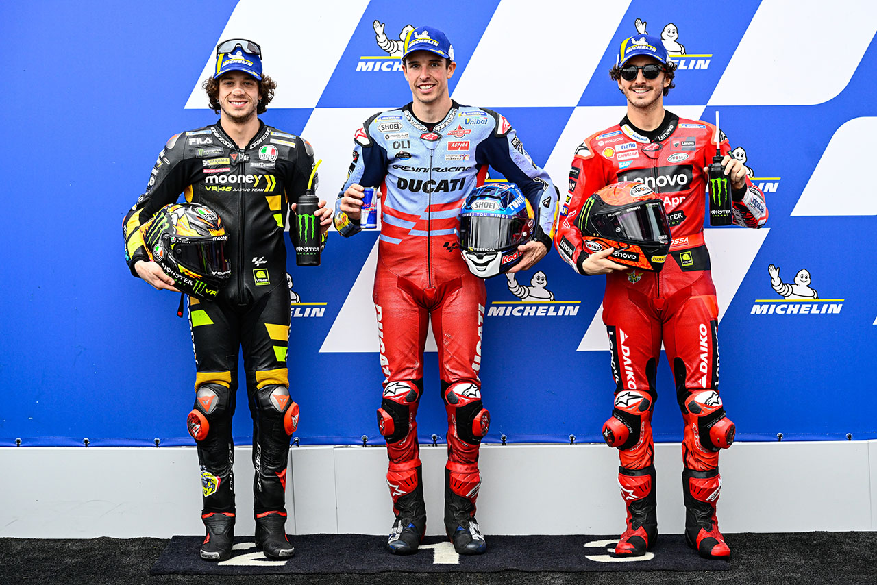 予選トップ3のアレックス・マルケス、マルコ・ベゼッチ、フランセスコ・バニャイア／2023MotoGP第2戦アルゼンチンGP