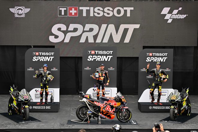 トップ3のブラッド・ビンダー、マルコ・ベゼッチ、ルカ・マリーニ／2023MotoGP第2戦アルゼンチンGP